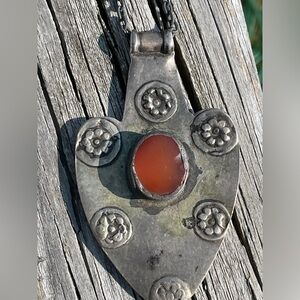 Impressive TURKMEN ANTIQUE TRIBAL ASYK SILVER PENDANT Carnelian Stone (OBO!) 🤗